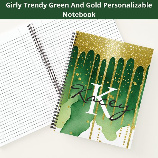 Green Gold Glitter Girly Monogram Naam Notitieboek