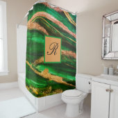 Green Gold glitter Marble Abstract Modern Monogram Douchegordijn (In situ)