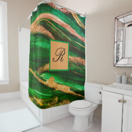 Green Gold glitter Marble Abstract Modern Monogram Douchegordijn