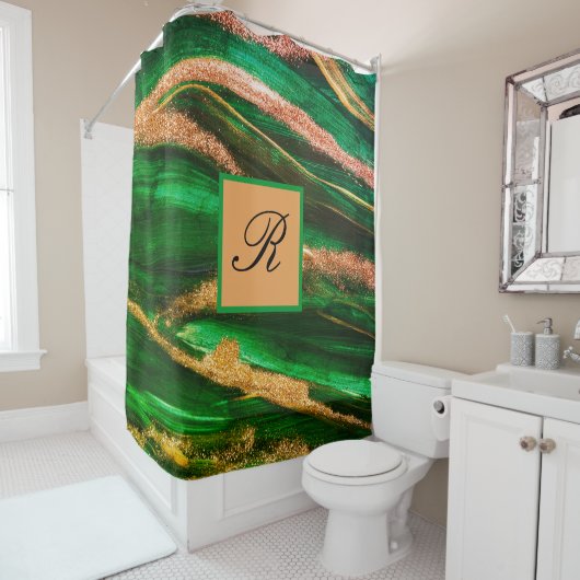 Green Gold glitter Marble Abstract Modern Monogram Douchegordijn (In situ)
