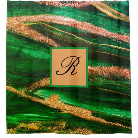 Green Gold glitter Marble Abstract Modern Monogram Douchegordijn (Voorkant)