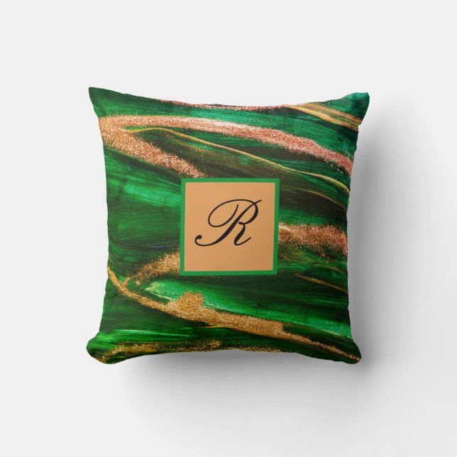Green Gold glitter Marble Abstract Modern Monogram Kussen (Voorkant)