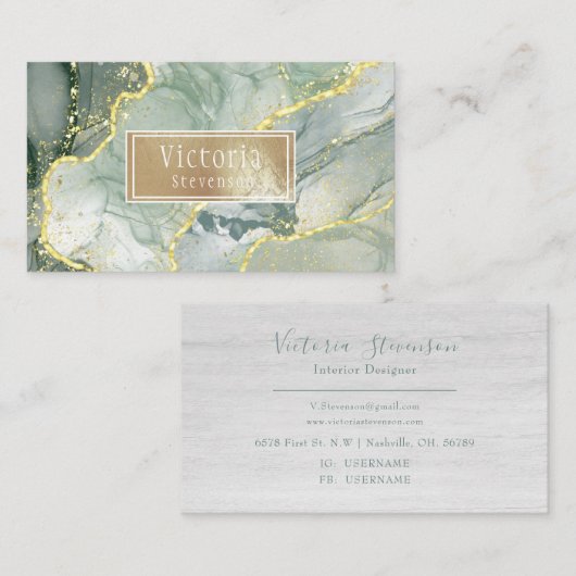 Green Gold Glitter Marble Geode Name Agate Visitekaartje (Voorkant / Achterkant)