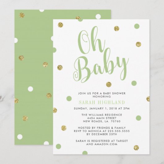 Green & Gold Glitter Oh Baby shower Kaart (Voorkant / Achterkant)