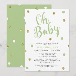 Green & Gold Glitter Oh Baby shower Kaart
