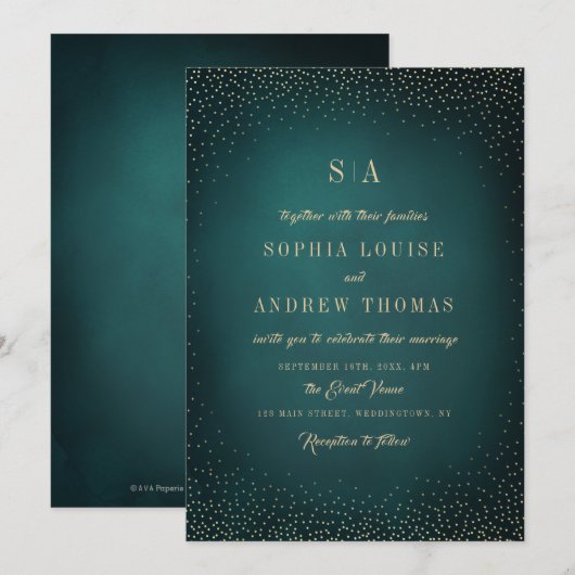 Green Gold Glitter Sophisticated Monogram bruiloft Kaart (Voorkant / Achterkant)