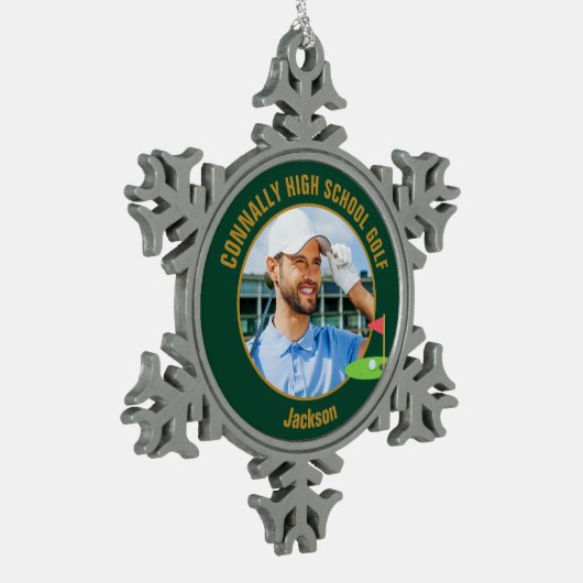 Green Gold Golfer Photo High School Golf Team Tin Sneeuwvlok Ornament (Links)