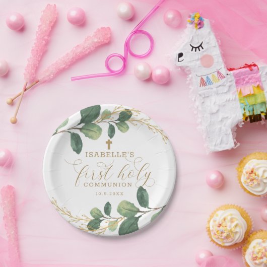 Green Gold Greenery Botanical First Heilige Commun Papieren Bordje (Feest)