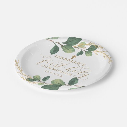 Green Gold Greenery Botanical First Heilige Commun Papieren Bordje (Gekanteld)