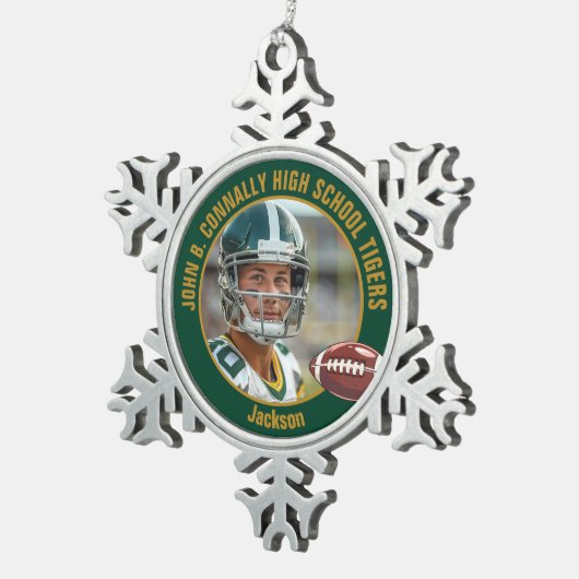 Green Gold High School Football Player Photo Tin Sneeuwvlok Ornament (Rechts)