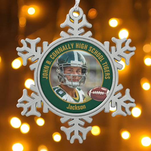 Green Gold High School Football Player Photo Tin Sneeuwvlok Ornament