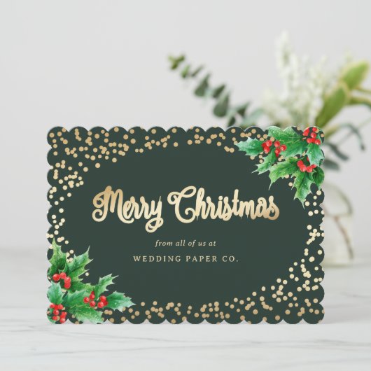 Green Gold Holly Berries Business KerstKaarten Feestdagenkaart (Staand voorkant)
