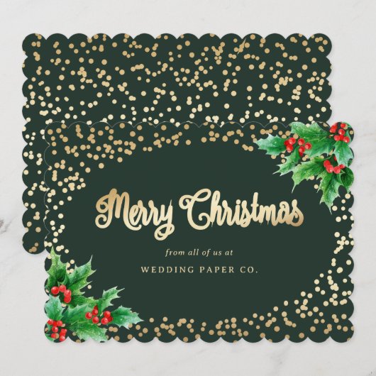 Green Gold Holly Berries Business KerstKaarten Feestdagenkaart (Voorkant / Achterkant)