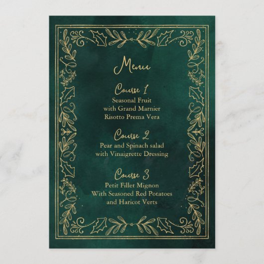 Green Gold Holly Berry kerstbruiloft Menu (Voorkant)