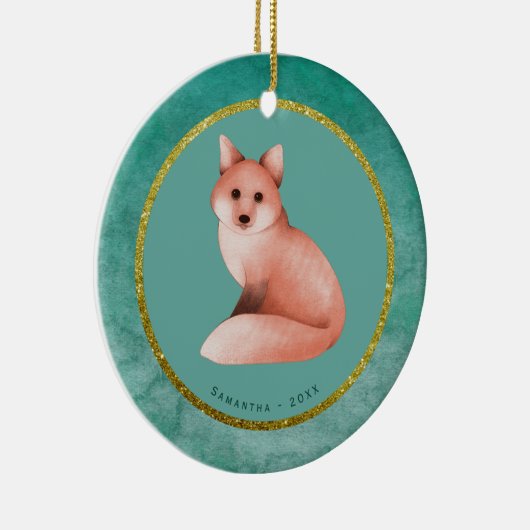 Green Gold Kerstmis Fox - Aangepaste naam Datum Keramisch Ornament (Rechts)