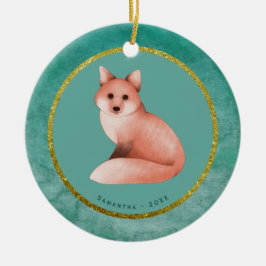 Green Gold Kerstmis Fox - Aangepaste naam Datum Keramisch Ornament