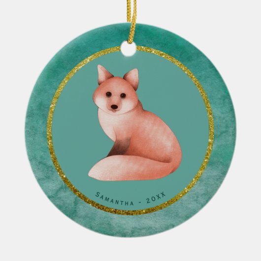 Green Gold Kerstmis Fox - Aangepaste naam Datum Keramisch Ornament (Voorkant)