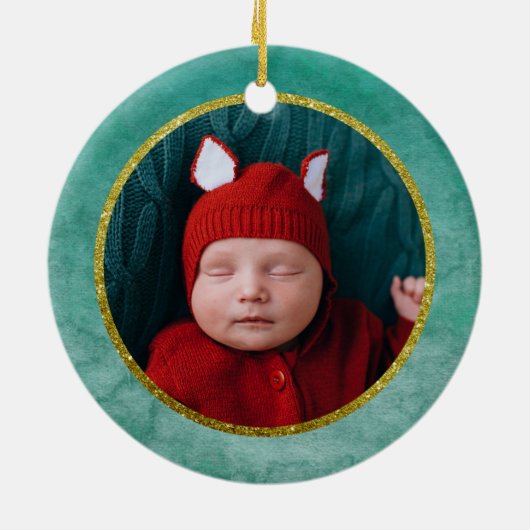 Green Gold Kerstmis Fox - Aangepaste naam Datum Keramisch Ornament (Achterkant)