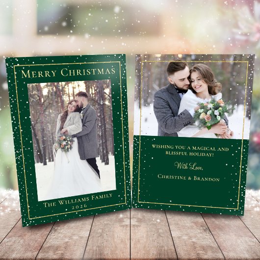 Green Gold Kerstmis Snowfall 2 Photo Holiday Kaart
