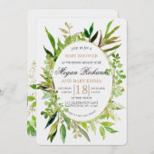Green & Gold Leaf ingelijst Baby shower Invitation Kaart (Voorkant / Achterkant)
