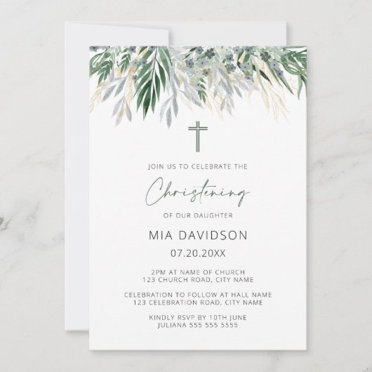 Green & Gold Leaves Christening Kaart (Voorkant)