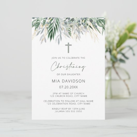 Green & Gold Leaves Christening Kaart (Staand voorkant)