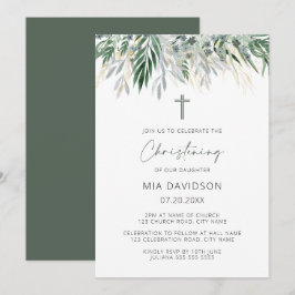 Green & Gold Leaves Christening Kaart