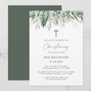 Green & Gold Leaves Christening Kaart
