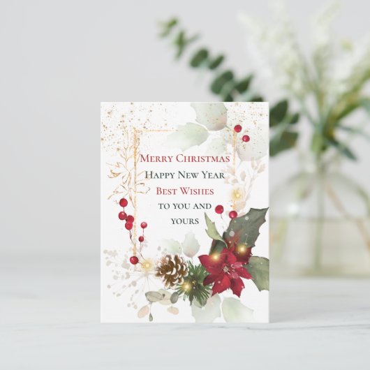 Green Gold Leaves Red Berry Poinsettia Kerstmis Briefkaart (Staand voorkant)