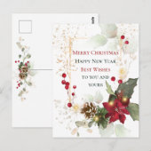 Green Gold Leaves Red Berry Poinsettia Kerstmis Briefkaart (Voorkant / Achterkant)