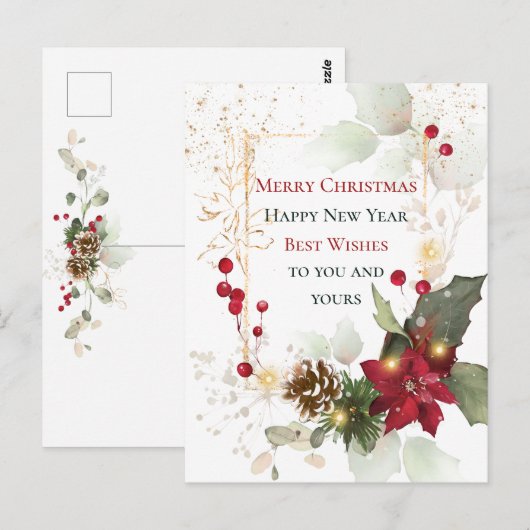 Green Gold Leaves Red Berry Poinsettia Kerstmis Briefkaart (Voorkant / Achterkant)