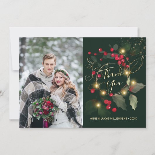 Green Gold Leaves Red Berry Wedry Hartelijk dank Bedankkaart (Voorkant)