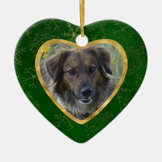 Green Gold Lijst Snowflake Pet Memorial Keramisch Ornament (Voorkant)