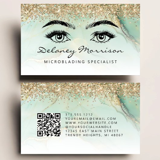 Green Gold Marble Eyes QR Code Microblading Visitekaartje