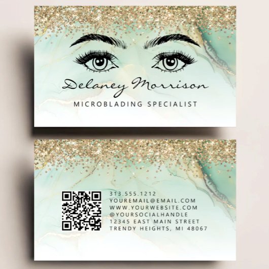 Green Gold Marble Eyes QR Code Microblading Visitekaartje
