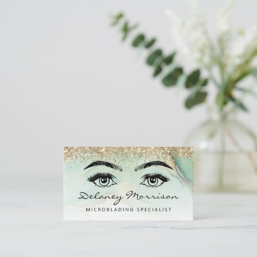 Green Gold Marble Eyes QR Code Microblading Visitekaartje (Staand voorkant)