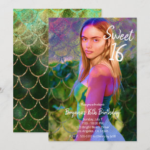 Green Gold Mermaid Photo Sweet 16 Party Kaart