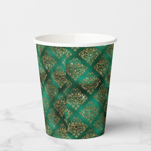 Green Gold Metallic Damask Elegant Papieren Bekers (Links)