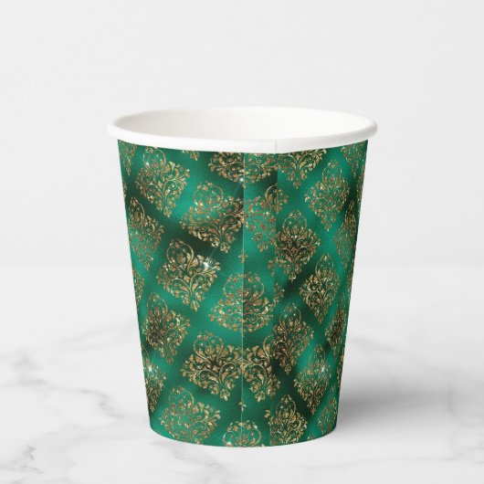 Green Gold Metallic Damask Elegant Papieren Bekers (Rechts)