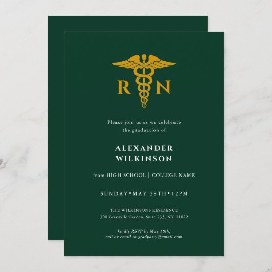 Green Gold Modern Nurse School Afstuderen Kaart (Voorkant / Achterkant)