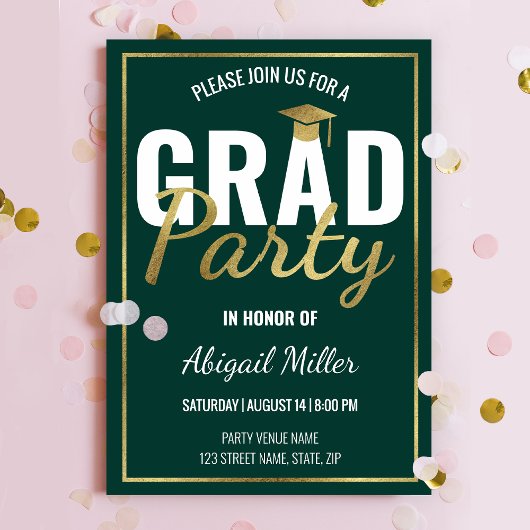 Green & Gold Modern Script Graduation Party Kaart