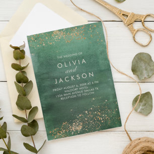 Green & Gold Modern Watercolor Wedding Invitation Kaart