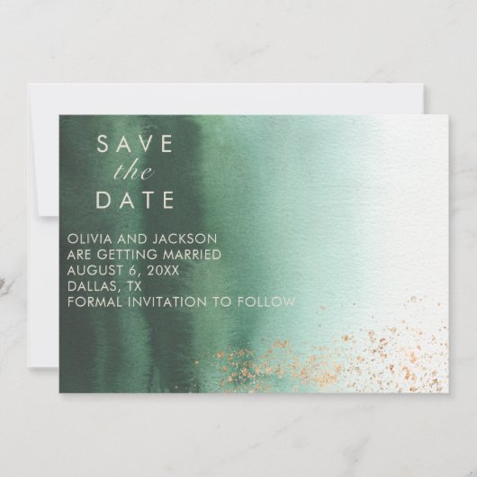 Green & Gold Modern Waterverf Ombre Save the Date Kaart (Voorkant)
