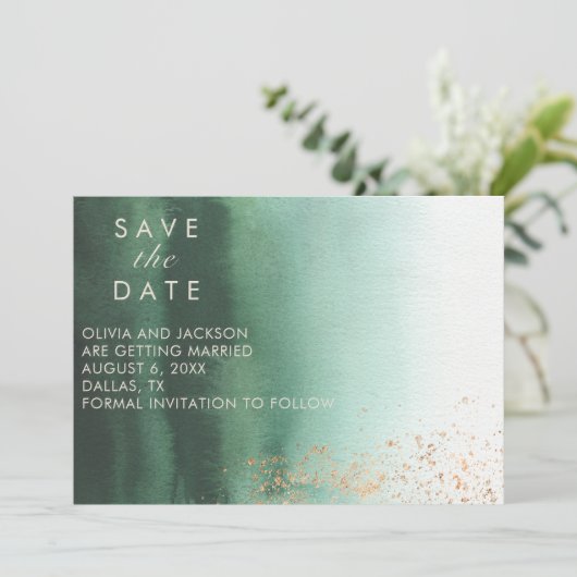 Green & Gold Modern Waterverf Ombre Save the Date Kaart (Staand voorkant)