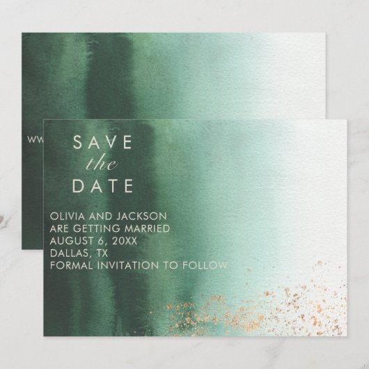 Green & Gold Modern Waterverf Ombre Save the Date Kaart (Voorkant / Achterkant)