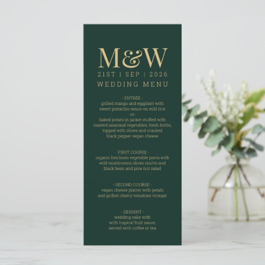Green Gold Monogram Wedding Menu (Staand voorkant)