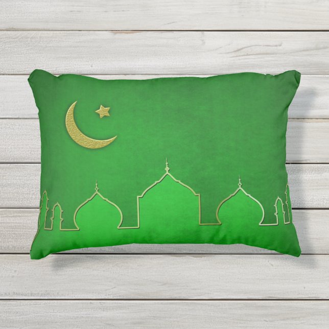 Green Gold Mosque Moon Star Buitenkussen (Voorkant)