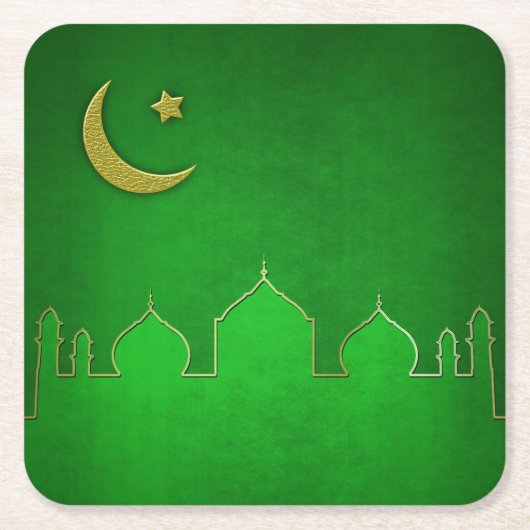 Green Gold Mosque Moon Star Kartonnen Onderzetters (Voorkant)
