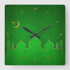 Green Gold Mosque Moon Star Vierkante Klok