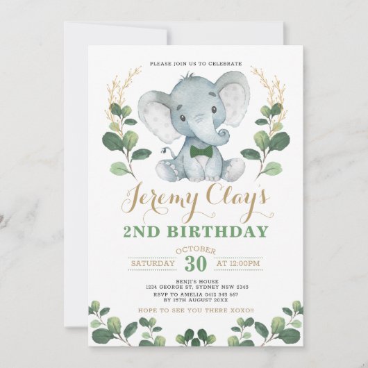 Green Gold Oerwoud Baby Elephant 2e Verjaardag Kaart (Voorkant)